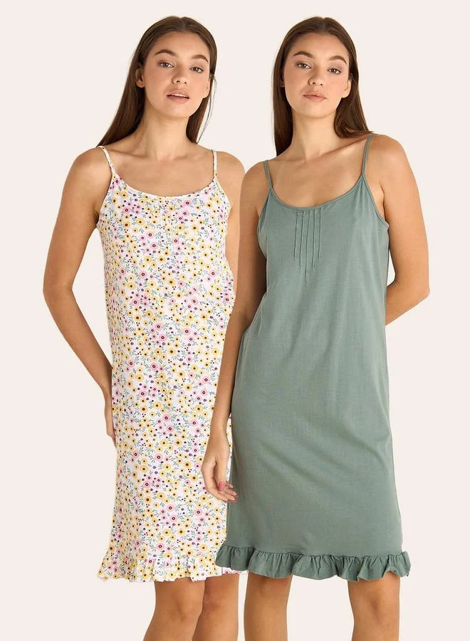 سبلاش فيڤ Set of 2 - Midi Slip Dress Strappy Ruffled Hem Cotton
